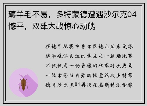 薅羊毛不易，多特蒙德遭遇沙尔克04憾平，双雄大战惊心动魄