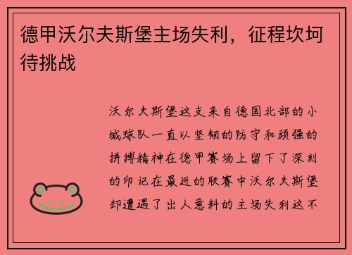德甲沃尔夫斯堡主场失利，征程坎坷待挑战